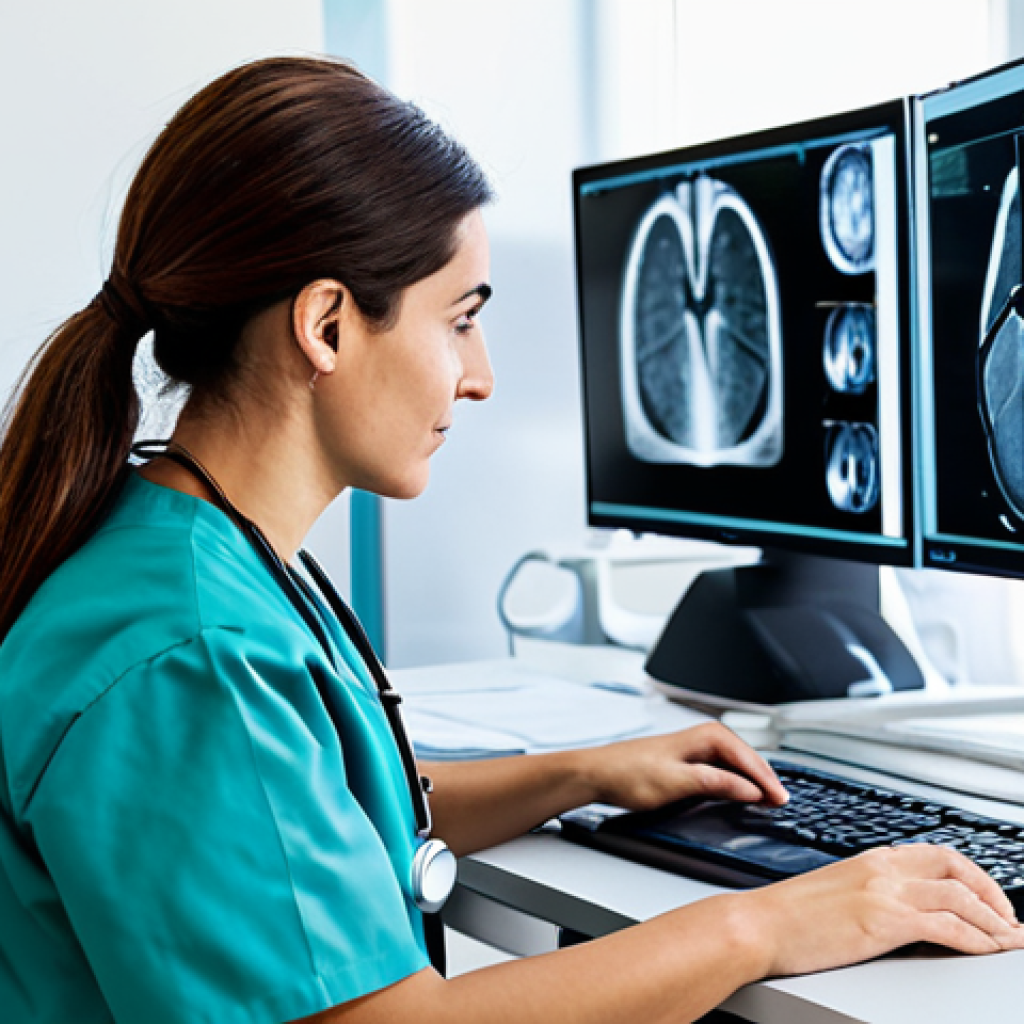 **
A professional radiologist, fully clothed in modest scrubs and a lab coat, reviewing a medical scan at a bright, modern workstation in a bustling Italian hospital. The scene should convey competence and attention to detail. Focus on the environment, capturing the clean lines and advanced technology of the imaging suite. Safe for work, appropriate content, professional setting, perfect anatomy, natural proportions, well-lit, high resolution.
**