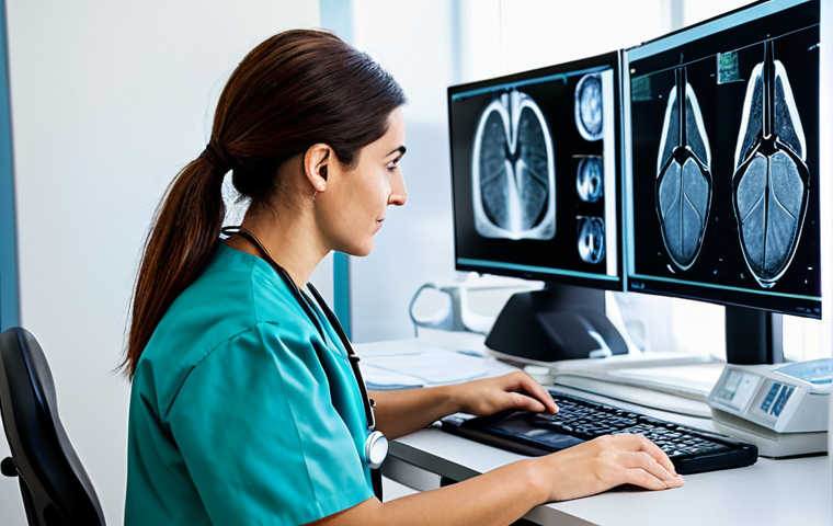 **
A professional radiologist, fully clothed in modest scrubs and a lab coat, reviewing a medical scan at a bright, modern workstation in a bustling Italian hospital. The scene should convey competence and attention to detail. Focus on the environment, capturing the clean lines and advanced technology of the imaging suite. Safe for work, appropriate content, professional setting, perfect anatomy, natural proportions, well-lit, high resolution.
**