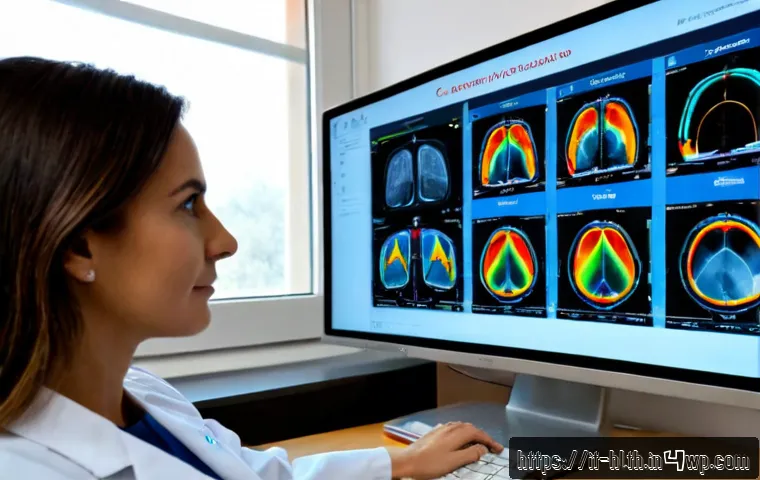 AI 의료 영상 분석의 성과 측정 지표 - Photorealistic Italian hospital radiology department, experienced female radiologist and AI engineer...