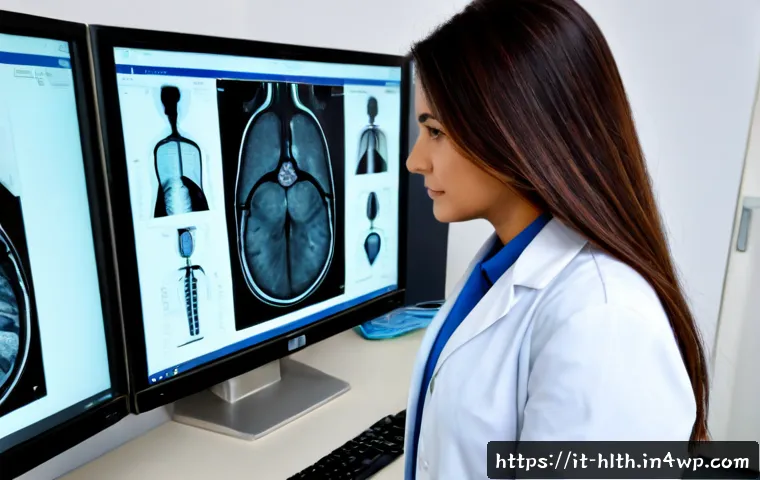 AI가 변혁하는 의료 영상 진단 - Photorealistic Italian hospital radiology department, attentive female radiologist in clean professi...