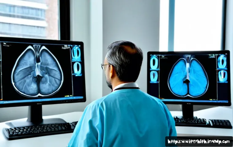 Home 17 AI가 의료 영상 분석에 미치는 영향 - Photorealistic Italian hospital radiology department, a middle-aged radiologist in clean professiona...